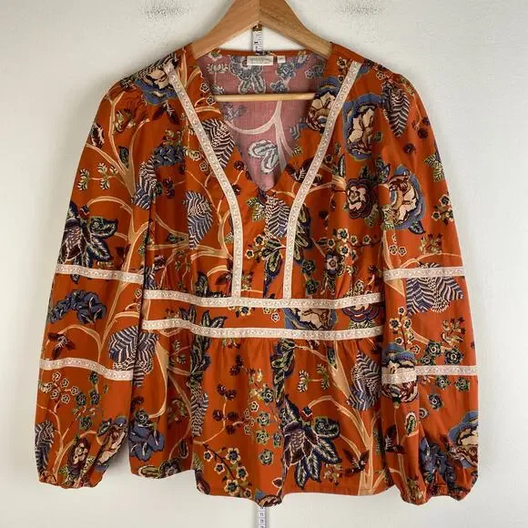 Spartina 449 Marcelle Blouse Floral Tree of Life Tomato Orange Size Medium Top - Picture 8 of 15